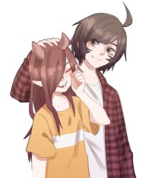 Rule 34 | 1boy, 1girl, ahoge, blush, brown eyes, brown hair, checkered clothes, checkered jacket, copyright request, fang, grey background, hand on another&#039;s head, horns, jacket, looking at another, open clothes, open jacket, open mouth, orange shirt, parted lips, pointy ears, popopoka, red jacket, shirt, short hair, short sleeves, simple background, smile, teeth, upper body, white shirt