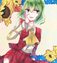 Rule 34 | 1girl, aridamikannn, ascot, collared shirt, cowboy shot, floral background, flower, green hair, hair between eyes, hand on own cheek, hand on own face, kazami yuuka, long sleeves, looking at viewer, no headwear, open clothes, open vest, red eyes, red skirt, red vest, shirt, skirt, skirt set, solo, sunflower, touhou, vest, white shirt, yellow ascot, yellow flower