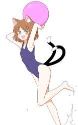 Rule 34 | 1girl, :d, alternate costume, animal ear piercing, animal ears, armpits, arms up, ball, bare legs, barefoot, brown eyes, brown hair, cat ears, cat tail, chen, commentary request, covered navel, earrings, flat chest, foot out of frame, holding, holding ball, jewelry, looking at viewer, multiple tails, nekomata, no headwear, one-piece swimsuit, open mouth, petite, shiisuu rattamu, short hair, simple background, single earring, smile, solo, splashing, swimsuit, tail, teeth, touhou, two tails, upper teeth only, water, white background