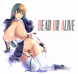 Rule 34 | 1girl, arm rest, blush, breasts, breasts out, brown eyes, brown hair, censored, choker, collarbone, copyright name, dead or alive, female pubic hair, groin, huge breasts, kasumi (doa), lips, long hair, looking at viewer, navel, nipples, no panties, novelty censor, open clothes, open mouth, open shirt, parted lips, pelvic curtain, pubic hair, pussy, shirt, signature, sitting, solo, tecmo, thighhighs, thighs, wakino keibun, white background, white thighhighs, yokozuwari