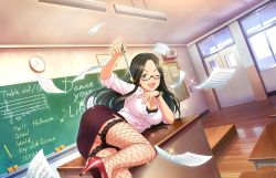 Rule 34 | 1girl, arm support, artist request, ass, back-seamed legwear, black-framed eyewear, black hair, breasts, chalkboard, classroom, cleavage, clock, collared shirt, desk, door, fishnet thighhighs, fishnets, garter straps, glasses, glint, green eyes, half-closed eyes, helen (idolmaster), high heels, highres, holding, holding pointer, idolmaster, idolmaster cinderella girls, idolmaster cinderella girls starlight stage, lace, lace-trimmed legwear, lace trim, large breasts, lipstick, long hair, looking at viewer, lying, makeup, official art, on desk, on side, one eye closed, open mouth, parted bangs, pencil skirt, pointer, school desk, seamed legwear, semi-rimless eyewear, shirt, side slit, skirt, smile, solo, teacher, thighhighs, v-shaped eyebrows, watch, white shirt, wooden floor, wristwatch