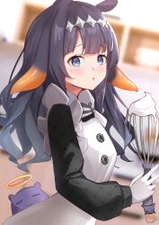 Rule 34 | 1girl, absurdres, alphaart, apron, black dress, blue eyes, blush, dress, gloves, highres, holding, holding whisk, hololive, hololive english, long hair, looking at viewer, mole, mole under eye, ninomae ina&#039;nis, ninomae ina&#039;nis (6th costume), ninomae ina&#039;nis (pastry chef), official alternate costume, purple hair, takodachi (ninomae ina&#039;nis), tentacle hair, virtual youtuber, whisk, white apron, white gloves