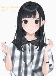 Rule 34 | 1girl, absurdres, armlet, black eyes, black hair, blush, closed mouth, commentary request, dated, ear piercing, earrings, finger heart, grey shirt, happy birthday, highres, jewelry, long hair, looking at viewer, nail polish, omochi tabeyo97, piercing, real life, red nails, ring, shirt, short sleeves, shuri (voice actor), simple background, smile, solo, voice actor, white background