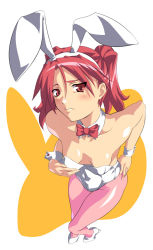 Rule 34 | 1girl, animal ears, bad id, bad pixiv id, downblouse, fake animal ears, flat chest, from above, leotard, long hair, original, pantyhose, pink pantyhose, playboy bunny, rabbit ears, red eyes, red hair, solo, twintails, yosiyomogi
