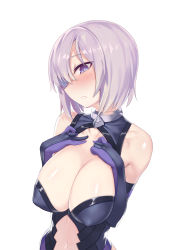 Rule 34 | 1girl, bad id, bad pixiv id, blush, breast suppress, breasts, bright pupils, center opening, cleavage, cleavage cutout, clothing cutout, elbow gloves, covered erect nipples, fate/grand order, fate (series), gloves, hair over one eye, hands on own chest, highres, kylin, large breasts, leotard, light purple hair, looking at viewer, mash kyrielight, navel, parted lips, purple eyes, sagging breasts, simple background, solo, sweatdrop, white background