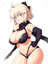 Rule 34 | 1girl, ahoge, bare shoulders, bikini, black bikini, black bow, black gloves, black scarf, blonde hair, blush, bow, breasts, cleavage, closed mouth, fate/grand order, fate (series), gloves, grey eyes, hair bow, hand on own hip, highleg, highleg bikini, highres, large breasts, looking at viewer, multi-strapped bikini, navel, okita j. souji (fate), okita j. souji (first ascension) (fate), okita souji (fate), okita souji (koha-ace), onsoku inu, scarf, short hair, simple background, single glove, smile, sparkle, swimsuit, thighs