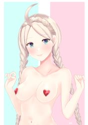 Rule 34 | 1girl, absurdres, blue eyes, braid, breasts, fire emblem, fire emblem fates, grey hair, heart pasties, highres, looking at viewer, nina (fire emblem), nintendo, pasties, simple background, twintails, upper body, xxalisa