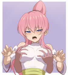 Rule 34 | 1girl, absurdres, bare shoulders, blush, clam curry, detached sleeves, grabbing, grabbing another&#039;s breast, grabbing from behind, hair between eyes, high ponytail, highres, long hair, open mouth, pink hair, priestess (tales of destiny), purple eyes, sweatdrop, tales of (series), tales of destiny