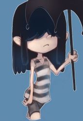 Rule 34 | 1girl, black hair, black shirt, blue background, collarbone, conoghi, goth fashion, hair over eyes, holding, long hair, lucy loud, nickelodeon, pale skin, shirt, striped clothes, striped shirt, swimsuit, tank top, the loud house, umbrella, walking, white shirt
