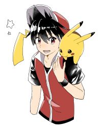 Rule 34 | 1boy, baseball cap, black shirt, black wristband, commentary request, creatures (company), game freak, gen 1 pokemon, hair between eyes, harb genzai, hat, highres, jacket, lower teeth only, male focus, nintendo, on shoulder, open mouth, pikachu, pokemon, pokemon (creature), pokemon adventures, pokemon on shoulder, red (pokemon), red eyes, red headwear, red jacket, shirt, short sleeves, simple background, sleeveless, sleeveless jacket, star (symbol), t-shirt, teeth, white background, wristband