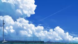 alu.m_(alpcmas) blue_sky cloud cloudy_sky commentary_request contrail day no_humans original outdoors power_lines railing scenery sky utility_pole