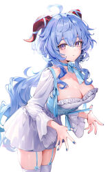 Rule 34 | 1girl, ahoge, blue bow, blue bowtie, blue hair, blue nails, bow, bowtie, breasts, cleavage, clothing cutout, cowboy shot, dress, frills, ganyu (genshin impact), garter straps, genshin impact, goat horns, gradient eyes, highres, horns, large breasts, long hair, looking at viewer, multicolored eyes, red horns, rity, simple background, solo, standing, thighhighs, white background, white dress, white thighhighs
