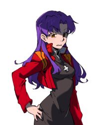 Rule 34 | 1girl, breasts, brown eyes, cross, cross necklace, disgust, hand on own hip, highres, jacket, jewelry, katsuragi misato, long hair, looking at viewer, medium breasts, necklace, neon genesis evangelion, nisikicoi, open clothes, open jacket, purple hair, red jacket, shaded face, solo, standing, white background