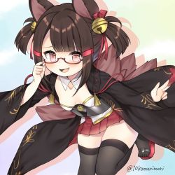 Rule 34 | 1girl, :d, akagi-chan (azur lane), animal ears, azur lane, bell, bespectacled, black kimono, black thighhighs, blunt bangs, blush, breasts, brown hair, cleavage, collarbone, colored shadow, commentary request, commission, cowboy shot, detached collar, drop shadow, fang, fox ears, fox girl, fox tail, glasses, hair bell, hair ornament, hair ribbon, hairclip, highres, japanese clothes, juugou taki, kimono, looking at viewer, miniskirt, multiple tails, open clothes, open kimono, open mouth, pink eyes, pleated skirt, red-framed eyewear, red ribbon, red skirt, ribbon, sakuramon, sandals, semi-rimless eyewear, shadow, shirt, short hair, sidelocks, skindentation, skirt, small breasts, smile, solo, standing, standing on one leg, tail, thighhighs, twitter username, two side up, white shirt, wide sleeves, zettai ryouiki