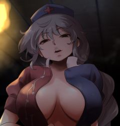 Rule 34 | 1girl, asymmetrical clothes, blue hat, braid, braided ponytail, breasts, buttons, collarbone, commentary request, from below, hat, high collar, highres, large breasts, lips, long hair, looking at viewer, looking down, nose, nurse cap, open mouth, puffy short sleeves, puffy sleeves, short sleeves, shundou heishirou, sidelighting, sidelocks, silver hair, solo, standing, staring, teeth, touhou, undone, upper body, upper teeth only, wooden ceiling, yagokoro eirin, yellow eyes, you gonna get raped
