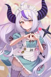 Rule 34 | 1girl, absurdres, alternate costume, apron, black horns, blush, braid, braided bangs, demon girl, demon horns, double-parted bangs, enmaided, frilled thighhighs, frills, grey hair, heart, heart hands, highres, hololive, hood, hoodie, horns, la+ darknesss, long hair, looking at viewer, maid, maid headdress, multicolored hair, pointy ears, puffy short sleeves, puffy sleeves, purple hair, purple hoodie, purple thighhighs, short sleeves, slit pupils, solo, streaked hair, striped horns, tail, thighhighs, two-tone hair, very long hair, virtual youtuber, waist apron, white apron, yellow eyes, yukinashi