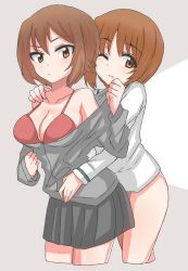 Rule 34 | 10s, 2girls, aster90, bare shoulders, blouse, blush, bottomless, bra, breasts, brown eyes, brown hair, cleavage, clothes pull, cropped legs, girls und panzer, grey background, grey shirt, grey skirt, hand on another&#039;s shoulder, highres, medium breasts, multiple girls, nishizumi maho, nishizumi miho, one eye closed, partially undressed, red bra, shirt, short hair, siblings, sisters, sketch, skirt, underwear, white shirt