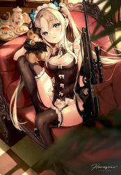 Rule 34 | 1girl, ai arctic warfare, bare shoulders, black bow, black footwear, black gloves, black hat, black leotard, black ribbon, black thighhighs, blonde hair, blush, bolt action, bow, breasts, brown hair, butterfly hair ornament, cleavage, collar, commentary request, couch, cup, detached collar, gloves, gun, hair between eyes, hair ornament, hair ribbon, hat, head tilt, indoors, knee up, leotard, long hair, maid, maid headdress, medium breasts, mini hat, mini top hat, on couch, original, parted bangs, parted lips, pierorabu, plate, ribbon, rifle, scope, shoes, signature, sniper rifle, solo, stuffed animal, stuffed toy, teacup, teapot, teddy bear, thighhighs, top hat, tray, very long hair, weapon, weapon request, white collar, wing collar