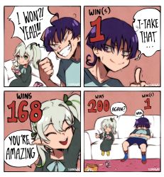 Rule 34 | 1boy, 1girl, 4koma, absurdres, alternate costume, chips (food), closed eyes, comic, commentary, controller, couch, english commentary, english text, food, game controller, genshin impact, green hair, grey hair, grin, hair between eyes, hair ribbon, highres, holding, holding controller, holding game controller, index finger raised, messy hair, multicolored hair, nahida (genshin impact), open mouth, playing games, pointy ears, ponytail, potato chips, purple hair, ribbon, scaramouche (genshin impact), side ponytail, sitting, smile, sweat, wokiiarts