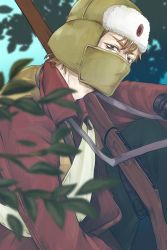 Rule 34 | 1boy, adam&#039;s apple, binoculars, blue eyes, blurry, blurry foreground, brown hair, day, fur hat, golden kamuy, gun, hat, highres, jacket, jakuichi e, male focus, mask, mouth mask, outdoors, red jacket, rifle, solo, upper body, vasily (golden kamuy), weapon