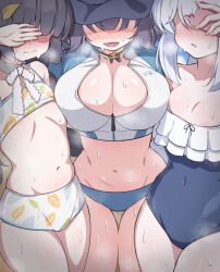 Rule 34 | 3girls, animal ears, areola slip, asymmetrical docking, bare shoulders, bell, bikini, black hair, blue archive, blue hair, blunt bangs, blush, bow, breast press, breasts, breath, bursting breasts, cleavage, close-up, collarbone, covered erect nipples, covered navel, covering own eyes, flat chest, grey hair, groin, hair ornament, hair over one eye, hanuma hanma, hat, head out of frame, heavy breathing, highres, large breasts, leaf, leaf on head, looking at viewer, medium breasts, miyako (blue archive), miyako (swimsuit) (blue archive), miyu (blue archive), miyu (swimsuit) (blue archive), multiple girls, navel, official alternate costume, one-piece swimsuit, open mouth, rash guard, saki (blue archive), saki (swimsuit) (blue archive), smile, stomach, sweat, sweatdrop, swimsuit, take your pick, thigh gap, thighs, white bikini, white hair