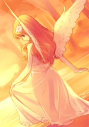 Rule 34 | 1girl, angel wings, blonde hair, clothes lift, dress, dress lift, female focus, flower, from behind, futaba jun, hair flower, hair ornament, long hair, nature, original, outdoors, see-through, solo, sunset, wading, water, wings