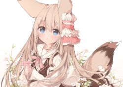 Rule 34 | 1girl, animal ears, black vest, blue eyes, blush, bow, brown hair, closed mouth, flower, hair between eyes, highres, kushida you, long hair, long sleeves, looking at viewer, original, pink bow, shirt, simple background, sleeves past wrists, solo, tail, very long hair, vest, white background, white flower, white shirt, wide sleeves