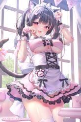 Rule 34 | 1girl, animal ears, apron, bandaid, bandaid on arm, barbell piercing, bell, blush, breasts, cat ears, cat girl, cat tail, cowboy shot, dress, ear piercing, extra ears, frilled apron, frills, hair ornament, hairclip, highres, indoors, industrial piercing, large breasts, maid, maid apron, maid headdress, original, paw pose, piercing, pink dress, pink eyes, pink hair, puffy sleeves, purple hair, smile, tail, tail ornament, thighhighs, twintails, underboob, waist apron, white apron, white thighhighs, yuyuko (yuyucocco)