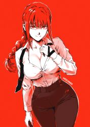 Rule 34 | 1girl, alternate eye color, artist name, black necktie, black pants, braid, braided ponytail, breasts, chainsaw man, cleavage, cowboy shot, highres, large breasts, legs together, long hair, looking at viewer, makima (chainsaw man), miss faves, necktie, pants, red background, red eyes, red hair, red theme, ringed eyes, shirt, shirt tucked in, solo, taut clothes, taut pants, taut shirt, undone necktie, white shirt