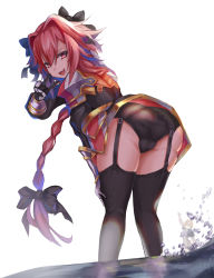 Rule 34 | 1boy, 1girl, absurdres, armor, ass, astolfo (fate), black garter belt, black panties, black thighhighs, blonde hair, bow, braid, bulge, come hither, dress, fate/apocrypha, fate/grand order, fate (series), faulds, from behind, garter belt, gold trim, green eyes, hair bow, hair intakes, helmet, highres, jeanne d&#039;arc (fate), jeanne d&#039;arc (ruler) (fate), leaning, leaning forward, long hair, looking at viewer, multicolored hair, naughty face, noboru (pixiv8503150), open mouth, panties, pantyshot, pink eyes, pink hair, short dress, simple background, single braid, smile, standing, thighhighs, tongue, tongue out, trap, two-tone hair, underwear, upskirt, v, v over eye, very long hair, water, white background, white hair