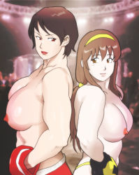 Rule 34 | 2girls, arena, back-to-back, borrowed character, boxing, boxing gloves, breasts, female focus, hairband, height difference, highres, large breasts, light brown hair, light smile, lipstick, long hair, looking at another, looking back, makeup, mitsuki suzume, multiple girls, muscular, muscular female, nappii (nappy happy), nipples, original, playing sports, ponytail, red eyes, shishido junko, short hair, shorts, smile, thong