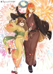 Rule 34 | 1boy, 1girl, alternate costume, brother and sister, brown eyes, brown hair, candy apple, closed mouth, crossed arms, delthea (fire emblem), fire emblem, fire emblem echoes: shadows of valentia, fireworks, food, haru (nakajou-28), highres, holding, japanese clothes, kimono, long hair, long sleeves, luthier (fire emblem), nintendo, obi, open mouth, orange hair, ponytail, sash, siblings, simple background, twitter username, white background, wide sleeves
