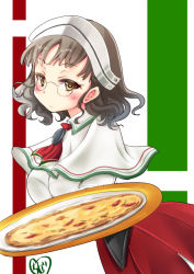 Rule 34 | 10s, 1girl, artist name, brown eyes, brown hair, capelet, chize, food, glasses, headdress, kantai collection, kerchief, long sleeves, pince-nez, pizza, red skirt, roma (kancolle), shirt, short hair, skirt, solo, underskirt, wavy hair, white shirt, white skirt