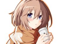 Rule 34 | 1girl, blanc (neptunia), blue eyes, blush, brown hair, coffee, cup, holding, holding cup, iwashi dorobou -r-, looking at viewer, neptune (series), scarf, short hair, solo