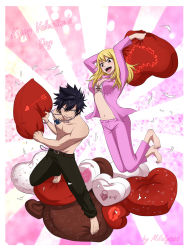 Rule 34 | 1boy, 1girl, :d, barefoot, belt, belt buckle, black hair, blonde hair, bra, breasts, brown belt, brown eyes, buckle, cleavage, collarbone, fairy tail, floating hair, gray fullbuster, green pants, hair between eyes, heart, heart-shaped pillow, highres, holding, holding pillow, jewelry, long hair, lucy heartfilia, midriff, milady666, navel, necklace, open clothes, open mouth, open shirt, pajamas, pants, pillow, pillow fight, pink pants, pink shirt, shirt, smile, spiked hair, stomach, topless male, underwear, white bra