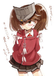 Rule 34 | 10s, 1girl, arms behind back, blush, brown eyes, brown hair, brown skirt, cowboy shot, japanese clothes, kantai collection, kariginu, looking away, magatama, pleated skirt, riho, ryuujou (kancolle), simple background, skirt, solo, translation request, twintails, visor cap, white background