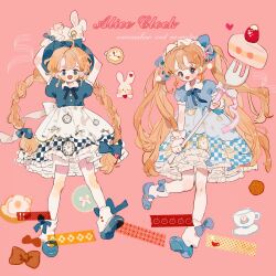 Rule 34 | 2girls, ahoge, alice in wonderland, animal, animal on head, ankle socks, apron, arms up, back bow, belt buckle, blonde hair, bloomers, blue bow, blue bowtie, blue eyes, blue footwear, blue headwear, blue shirt, blue skirt, blush stickers, bow, bow legwear, bow skirt, bowtie, braid, bread, bread slice, brown bow, buckle, buttons, cake, cake slice, checkered clothes, checkered skirt, chinese commentary, clock print, collar, collared shirt, commentary request, cookie, eyelashes, eyeshadow, food, fork, fried egg, frilled hairband, frilled skirt, frilled sleeves, frills, fruit, full body, hair bow, hair ornament, hair ribbon, hairband, hands on animal, hat, heart, highres, holding, holding fork, icing, lolita fashion, lolita hairband, long hair, looking at viewer, low twin braids, makeup, mary janes, miniskirt, monocle, multiple girls, on head, open mouth, original, oversized object, petticoat, pink background, pink bow, pink ribbon, pom pom (clothes), pom pom hair ornament, puffy short sleeves, puffy sleeves, putong xiao gou, rabbit, rabbit on head, red bow, ribbon, ribbon-trimmed skirt, ribbon trim, round eyewear, shirt, shoes, short sleeves, skirt, smile, socks, strawberry, toast, twin braids, twintails, underwear, very long hair, waist apron, white apron, white bloomers, white bow, white collar, white hairband, white skirt, white socks, white wrist cuffs, wrist bow, wrist cuffs, yellow-framed eyewear