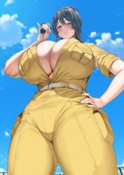 Rule 34 | 1girl, absurdres, belt, black hair, blue sky, breasts, brown eyes, chain-link fence, cleavage, closed mouth, cloud, commentary request, curvy, day, fence, from behind, hair between eyes, hakai shin, hand on own hip, highres, holding, huge breasts, jumpsuit, looking at viewer, looking down, original, outdoors, short sleeves, sky, smile, solo, standing, thick thighs, thighs, wide hips, yellow jumpsuit