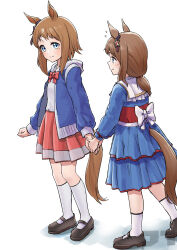 Rule 34 | 2girls, absurdres, aged down, alternate hair length, alternate hairstyle, animal ears, black footwear, blue dress, blue eyes, blue jacket, bow, bowtie, brown hair, clothing cutout, commentary, dress, ear ornament, english commentary, grass wonder (umamusume), highres, holding hands, horse ears, horse girl, horse tail, jacket, jtleeklm, low ponytail, mary janes, mixed-language commentary, multiple girls, original, pink bow, pink bowtie, pink skirt, pleated skirt, shoes, short hair, sidelocks, simple background, skirt, socks, tail, tail through clothes, umamusume, white background, white bow, white socks, wonder again (racehorse)