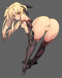Rule 34 | 00s, 1girl, arm strap, ass, bare shoulders, bent over, black thighhighs, blade (galaxist), blonde hair, boots, breasts, cameltoe, cleft of venus, fate testarossa, female focus, gloves, hair ribbon, hip attack, leotard, long hair, looking at viewer, looking back, lyrical nanoha, mahou shoujo lyrical nanoha, nipples, pussy, red eyes, ribbon, simple background, solo, thighhighs, thighs, twintails