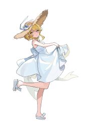 Rule 34 | 1girl, absurdres, alternate costume, bare shoulders, blonde hair, blush, breasts, closed mouth, domodomo0708, dress, eyelashes, from side, full body, genshin impact, hat, hat ribbon, highres, legs, looking at viewer, lumine (genshin impact), medium hair, ribbon, sandals, shadow, sidelocks, simple background, skirt hold, sleeveless, sleeveless dress, small breasts, solo, standing, standing on one leg, straw hat, sundress, toes, white background, white dress, white footwear, white trim, yellow eyes