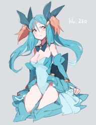 Rule 34 | 1girl, bad id, bad pixiv id, bare shoulders, blue dress, blue hair, bow, bowtie, breasts, brown eyes, cleavage, clothes lift, creatures (company), detached sleeves, dress, game freak, gen 3 pokemon, kz 609, multicolored hair, nintendo, personification, pokemon, skirt, skirt lift, solo, standing, swampert, twintails, two-tone hair