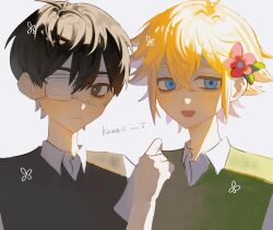 Rule 34 | 2boys, absurdres, antenna hair, basil (faraway) (omori), basil (omori), black eyes, black hair, black sweater vest, blonde hair, blue eyes, bright pupils, closed mouth, collared shirt, commentary request, crossed bangs, eyepatch, flipped hair, flower, green sweater vest, hair behind ear, hair between eyes, hair flaps, hair flower, hair ornament, hand up, highres, lifejam 403, looking at viewer, multiple boys, omori, one eye covered, open mouth, shirt, short hair, short sleeves, sidelocks, simple background, smile, spoilers, sunny (omori), sweater vest, upper body, white background, white pupils, white shirt