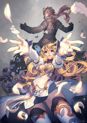 Rule 34 | 1boy, 1girl, aisha romandine, blonde hair, blue eyes, breasts, cleavage, dress, earrings, flower, foreshortening, jewelry, kkuem, last rebellion, lips, long hair, nine asfel, outstretched arms, outstretched hand, parted lips, petals, reaching, reaching towards viewer, thighhighs