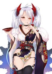 Rule 34 | 1girl, :q, absurdres, alternate costume, antenna hair, ass, azur lane, black panties, black thighhighs, blush, breasts, brown eyes, choker, collarbone, cowboy shot, cross, cross choker, cup, drinking glass, finger to mouth, finn flint, fur-trimmed kimono, fur trim, hair between eyes, headgear, highres, holding, holding cup, iron cross, japanese clothes, kimono, large breasts, long hair, looking at viewer, mole, mole on breast, multicolored hair, panties, pelvic curtain, prinz eugen (azur lane), prinz eugen (profusion of flowers) (azur lane), red hair, side-tie panties, sideboob, sidelocks, silver hair, simple background, skindentation, smile, solo, streaked hair, thighhighs, thighs, tongue, tongue out, two side up, underwear, very long hair, white background, wide sleeves