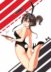 Rule 34 | 10s, 1girl, alternate hairstyle, animal ears, ass, black hair, brown eyes, detached collar, fake animal ears, folded ponytail, from behind, haruna (kancolle), high heels, jumping, kantai collection, leotard, long hair, looking back, no socks, playboy bunny, poco (backboa), rabbit ears, simple background, solo, striped, striped background, tray, wrist cuffs