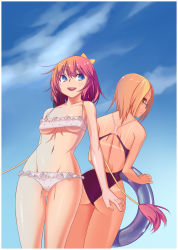 Rule 34 | 2girls, :d, arms at sides, ass, back-to-back, bare shoulders, bikini, blonde hair, blue eyes, blue sky, blush, border, borrowed character, bow, breasts, brown-framed eyewear, brown hair, cloud, collarbone, competition swimsuit, day, eyebrows, frilled bikini, frills, gluteal fold, hair between eyes, hair bow, highres, holding, innertube, kuroonehalf, legs together, looking to the side, looking up, midriff, multiple girls, navel, one-piece swimsuit, open mouth, original, outdoors, polka dot, polka dot bikini, red eyes, red hair, short hair, sky, small breasts, smile, standing, stomach, summer, swim ring, swimsuit, tan, tanline, tassel, thigh gap, underboob, white bikini, white border, yellow bow