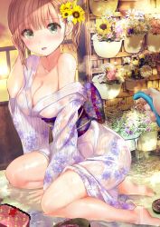 Rule 34 | 1boy, 1girl, absurdres, arm support, barefoot, between legs, blunt bangs, breasts, cleavage, floral print, flower, green eyes, hair flower, hair ornament, hand between legs, hand in own hair, highres, hoe, indoors, japanese clothes, kimono, off shoulder, ogata tei, okobo, open mouth, orange hair, original, pov, pov hands, sandals, shoes, side ponytail, sitting, solo focus, striped clothes, striped kimono, sunflower, unworn shoes, vertical-striped clothes, vertical-striped kimono, wariza, wet, wet clothes