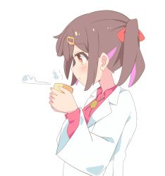 Rule 34 | 1girl, blowing, blush, brown hair, coat, collared shirt, commentary request, cup, expressionless, from side, hair ornament, hairclip, highres, holding, holding cup, lab coat, long sleeves, medium hair, multicolored hair, onii-chan wa oshimai!, oyama mihari, pink shirt, pon sugar, profile, purple hair, shirt, sidelocks, simple background, smoke, solo, streaked hair, twintails, upper body, white background, white coat