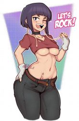 Rule 34 | 1girl, artist name, black pants, blunt bangs, boku no hero academia, breasts, choker, collarbone, crop top, denim, earlobes, english text, fingerless gloves, gloves, hand in pocket, jakuson z, jeans, jirou kyouka, long earlobes, looking at viewer, medium breasts, navel, one eye closed, open mouth, pants, purple hair, short hair, short sleeves, smile, solo, stomach, thick thighs, thighs, underboob, white background, white gloves, wink